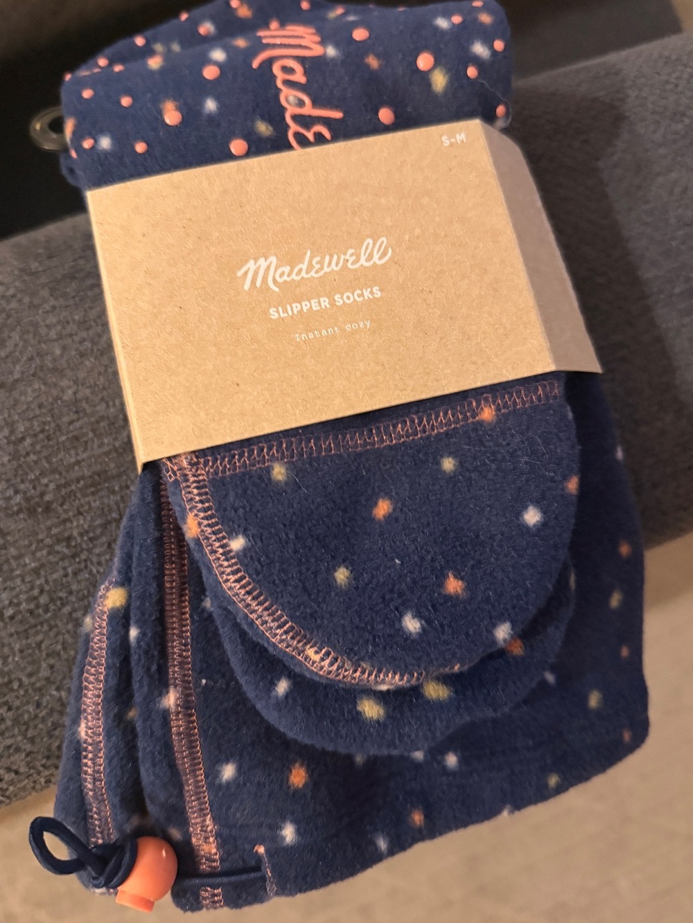 Madewell Navy Polka-Dot Cozy Slipper Socks with Coral Accents